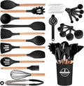 Kitchen Utensils Set - 34 PCS Non-Stick Silicone Cooking Utensils Set Spatula Set with Holder, Wooden Handle Spoon,Brush,Whisk Kitchen Gadgets Tools Set for Nonstick Cookware (Black-34P)