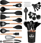 Kitchen Utensils Set - 34 PCS Non-Stick Silicone Cooking Utensils Set Spatula Set with Holder, Wooden Handle Spoon,Brush,Whisk Kitchen Gadgets Tools Set for Nonstick Cookware (Black-34P)