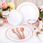 DaYammi 210PCS Rose Gold Plastic Dinnerware Set for 30 Guests, Mother's Day Plates for Party, Include: 30 Dinner Plates, 30 Dessert Platos, 30 Pre Rolled Napkins with Rose Gold Silverware, 30 Cups