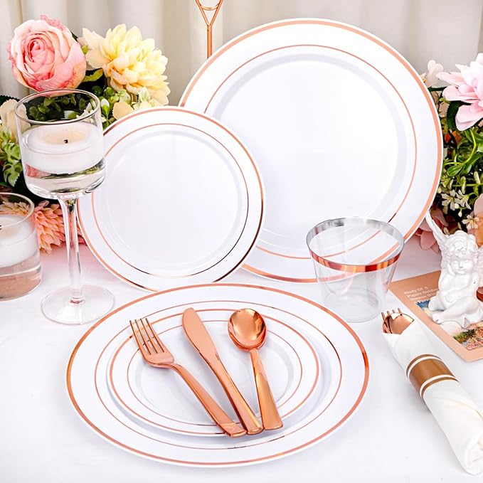 DaYammi 210PCS Rose Gold Plastic Dinnerware Set for 30 Guests, Mother's Day Plates for Party, Include: 30 Dinner Plates, 30 Dessert Platos, 30 Pre Rolled Napkins with Rose Gold Silverware, 30 Cups