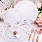 DaYammi 210PCS Rose Gold Plastic Dinnerware Set for 30 Guests, Mother's Day Plates for Party, Include: 30 Dinner Plates, 30 Dessert Platos, 30 Pre Rolled Napkins with Rose Gold Silverware, 30 Cups