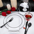 NOCCUR 350PCS Clear and Black Plastic Plates - Disposable Dinnerware Set for 50 Guests Include 100 Dinner/Dessert Plates,150 Black Cutlery,50 Cups&50 Napkins Ideal for Party/Birthday/New Year