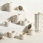 6 Oz Coffee Mugs with Stand - Stackable Ceramic Espresso Cups Set of 4, Embossed Coffee Cups, Porcelain Cappuccino for Latte, Cocoa, Mocha, Tea, Dishwasher Safe, 3 inch
