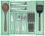 Bamboo Kitchen Drawer Organizer, Expandable Silverware Organizer with Removable Knife Block, 6-8 Slots- Utensil Holder & Cutlery Tray Drawer Dividers, 2.36" Deep for Extra Capacity, Cyan