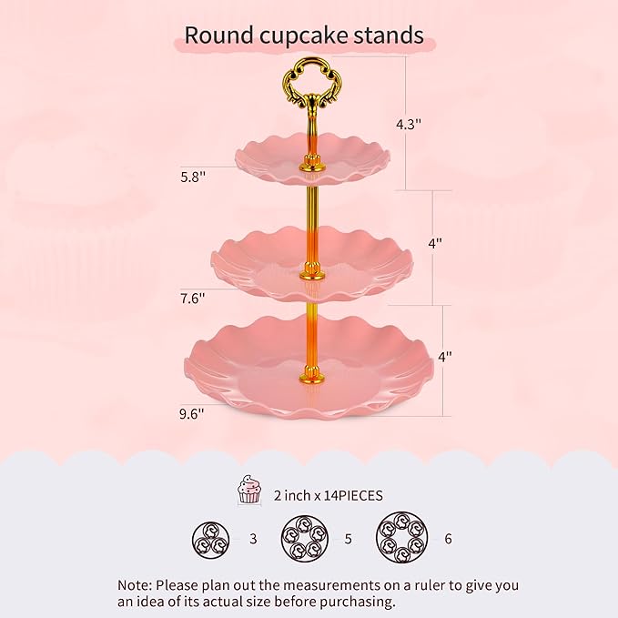 Pack of 10 NWK Cake Stand Set, with 3 x Two-Tier and 3 x Three-Tier Cupcake Stands, 4 x Appetizer Trays, 1 x Tablecloth for Birthday Bridal Baby Shower Party (Pink)