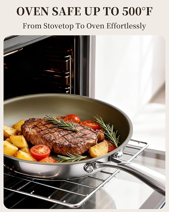 Nonstick Frying Pan Skillet 11inch, 18/10 Stainless Steel Pan, Titanium Pan with Cool Touch Handle, Non Stick Pan, PTFE & PFOA Free, Dishwasher & Oven Safe, Compatible with All Cooktops