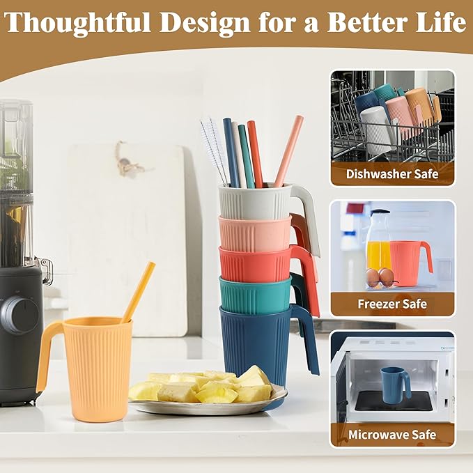 Wheat Straw Coffee Mugs 6-Pack– Unbreakable & Lightweight Cups, 12oz Stackable Cups with 6 Detachable Straws & 2 Cleaning Brushes (Colorful, 12, Fluid Ounces)