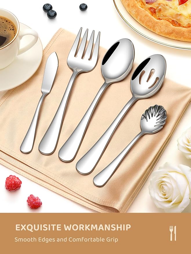 Silverware Set for 8, 45 Piece Food-Grade Stainless Steel Flatware Set with Hostess Serving Utensil Set, Mirror Polished Cutlery Set for Home Kitchen Restaurant, Dishwasher Safe
