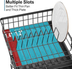 GSlife Expandable Dish Drying Rack with Drainboard, Compact Rustproof Dish Rack for Kitchen Counter, Ultra-Sturdy Space Saver with Cup Holder for Small Apartment,12.2" W x 12"-20.5" L, Black