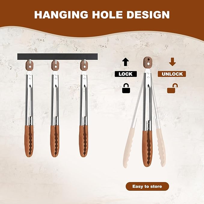 6-Pack 9" Wooden Tongs for Cooking – Locking Wooden Tongs with Non-Slip Handles & Hanging Hole, Wood Tip Serving Tongs for BBQ, Salad & Grilling (9 Inch (6 Pcs))
