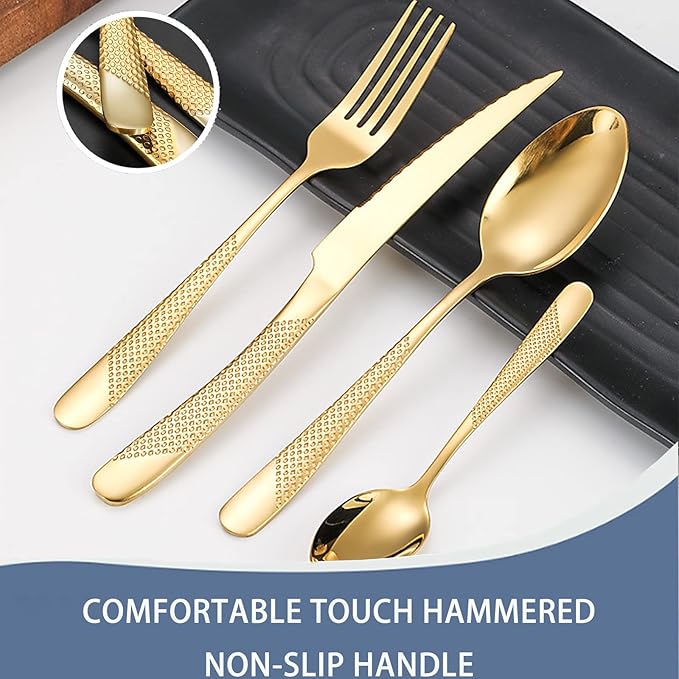 Gold Silverware Set,24 Piece Gilded Silverware Set Rack Service for 6，Mirror Polished Cutlery Utensil Set,Home Kitchen Eating Tableware Set,Include Fork Knife Spoon Holder Set,Dishwasher Safe…