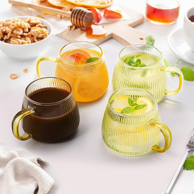 AVLA 6 Pack Glass Coffee Mugs, 16 OZ Unique Vertical Stripes Coffee Cup, Clear Large Tea Glasses with Handle, Vintage Transparent Glassware for Hot/Cold Beverages, Cappuccino, Latte, Espresso, Juice