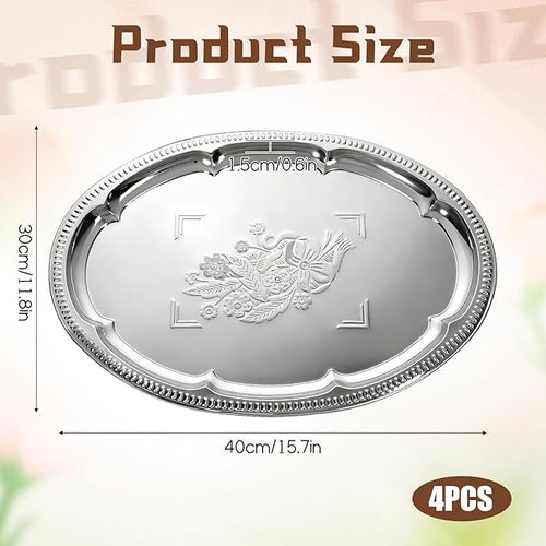 4 Pcs Large Silver Serving Trays, 15.7" x 11.8" Stainless Steel Oval Serving Tray, Decorative Silver Plates, Oval Floral Engraved Tray, Metal Sizzler Plates for Coffee Table, Bar, Party, Club, Home