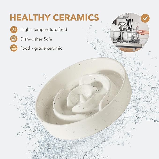Havniva Ceramic 1.2 Cup Dog Bowl Slow Feeder for Medium and Small Dog, 7.3inch Pet Slow Dish, Stop Bloat, Preventing Choking(Single Bowl, Vanilla White)