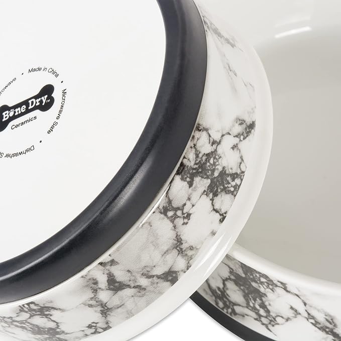 Bone Dry Pet Bowl Collection Ceramic Set, Medium, Marble, 2 Count White