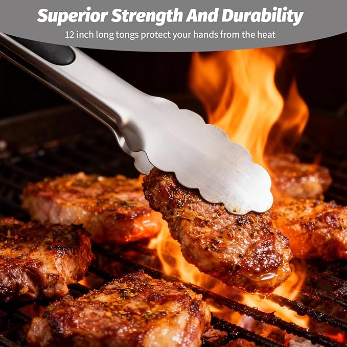 12 Pcs Stainless Steel Kitchen Tongs, 7/9/12 Inches Heat Resistant Cooking Tongs Heavy Duty Metal Locking Tong Non-Slip Metal Food Tong for Cooking Food Grill Salad BBQ