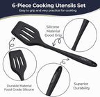 Culinary Couture Black Silicone Kitchen Utensils Set of 6, Non-Stick Heat-Resistant Silicone Kitchen Utensils Set with Steel Inner Core