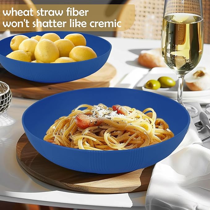 Wrova 65oz Wheat Straw Large Salad & Soup Bowls Set of 2, Unbreakable, Microwave & Dishwasher Safe, Plastic Bowls for Kitchen, Camping, School - Blue