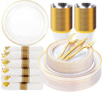 Bestluck 175PCS Clear Plastic Plates with Gold Trim for 25 Guests, Disposable Dinnerware Set for Party & Wedding, Includes 50 Plastic Plates, 25 Pre Rolled Napkins with Gold Silverware, 25 Cups