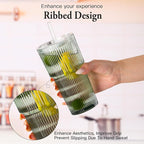 4PCS Green Ribbed Glass Cups with Lids and Straws, 20oz Vintage Drinking Glasses, Aesthetic Iced Coffee Cups, Glass Tumbler for Boba, Beer, Tea, Cocktails, Green Ribbed Glassware Set