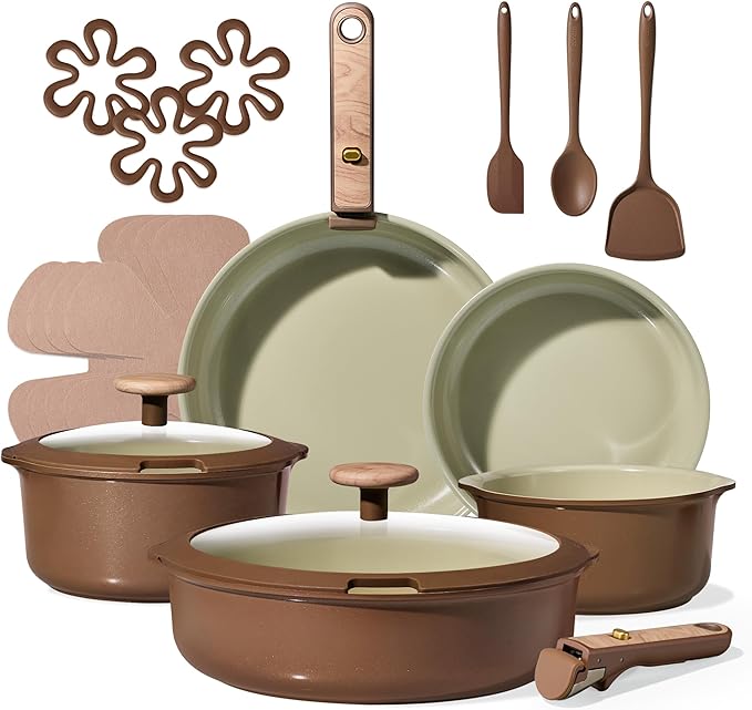 CAROTE 19PCS Ceramic Nonstick Cookware Set, Pots and Pans Set with Detachable Handle, PFAS-Free Non-Toxic, Induction & Oven Safe, Stackable Space-Saving, Pistachio Green