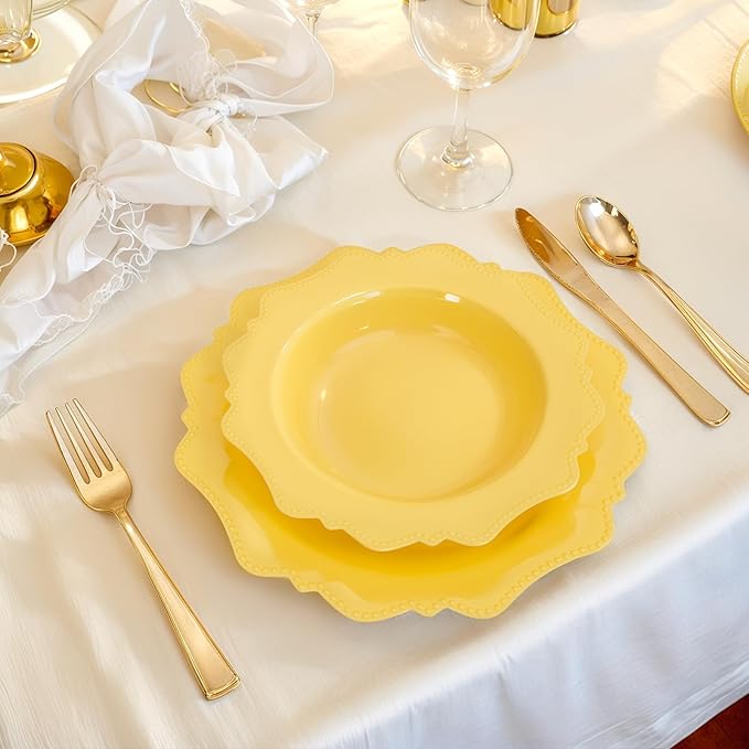 COLOSUS Yellow Plastic Party Bowls (60 Pack) 12 Oz Disposable Soup/Salad Bowl, Fancy Shatterproof Dinnerware for Catering, Holidays, Weddings, and Everyday Use