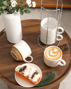 Ceramic Coffee Mugs with Stand,15 Oz Stackable Coffee Cups Set of 4 for Latte,Milk,Tea,Gift for Thanksgiving New Year Housewarming,Dishwasher & Microwave Safe,White Patchwork Color