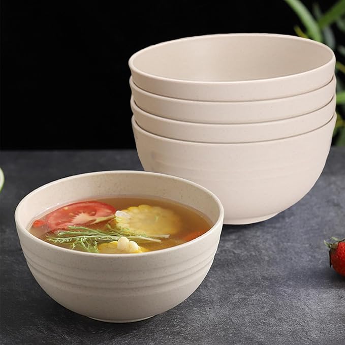 Unbreakable Wheat Straw Cereal Bowls Set of 4, 24 OZ Microwave and Dishwasher Safe Lightweight Soup and Salad Bowl Sets, Reusable Dessert Bowls for Rice, Pasta, Snack, Fruit, BPA Free (Beige)
