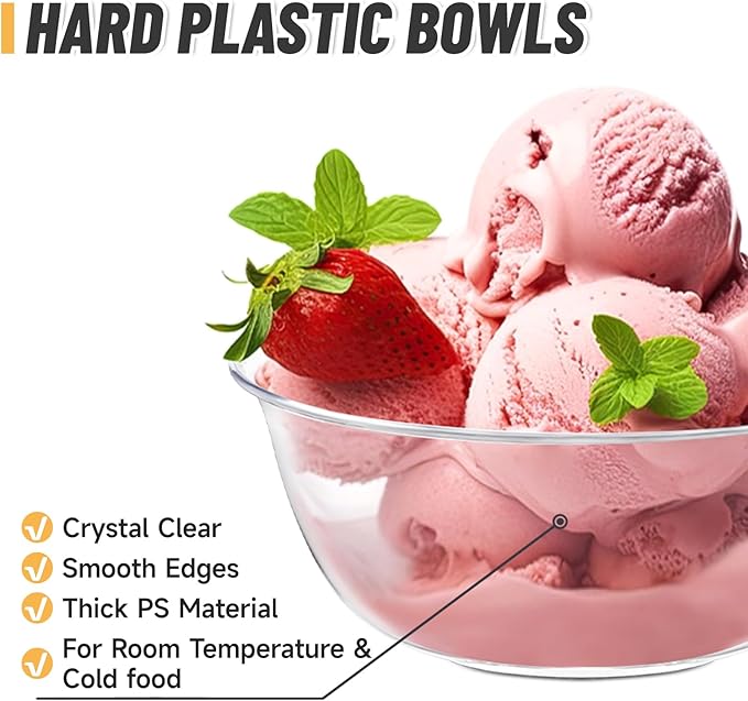 Qeirudu 12 oz Small Clear Plastic Bowls, 50 Pack Disposable Hard Plastic Party Serving Bowls for Salads, Ice Creams, Fruit, Desserts, Parfaits, Snacks