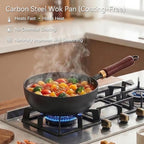 Carbon Steel Wok Pan with Wooden Lid, 7.8-Inch (1.6QT) Small Wok, Cold-Forged Flat Bottom Stir Fry Pan, Coating-Free, Induction Ready, for Eggs, Ramen, Soup & Oatmeal