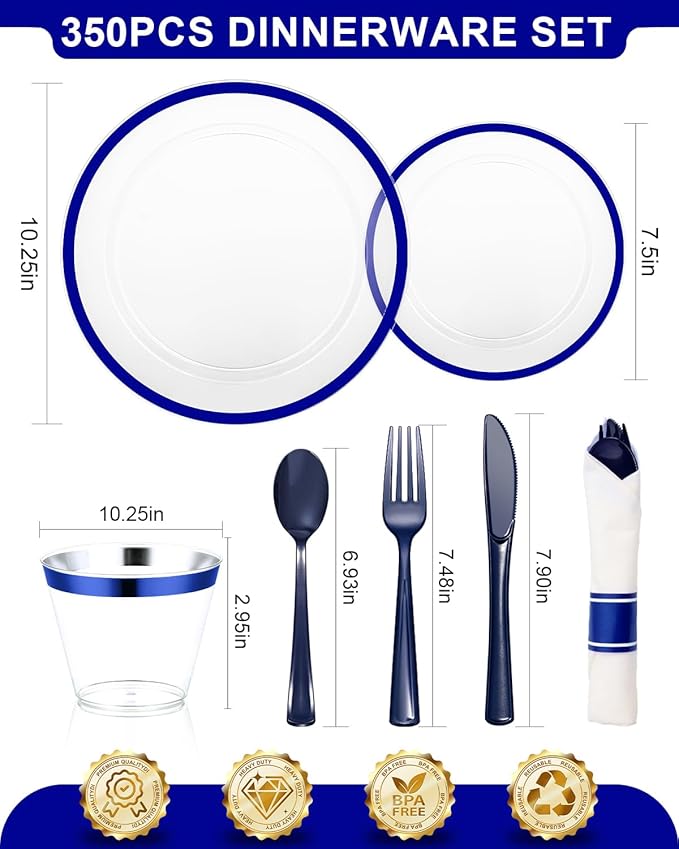 BESTVIP 350PCS Plastic Clear Blue Plates for Party, Disposable Dinnerware Set for 50 Guests, 100 Plastic Plates, 50 Cups, 50 Pre-Rolled Napkins with Cutlery for Graduation Party, Christmas, Birthday