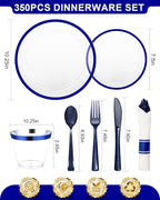 BESTVIP 350PCS Plastic Clear Blue Plates for Party, Disposable Dinnerware Set for 50 Guests, 100 Plastic Plates, 50 Cups, 50 Pre-Rolled Napkins with Cutlery for Graduation Party, Christmas, Birthday