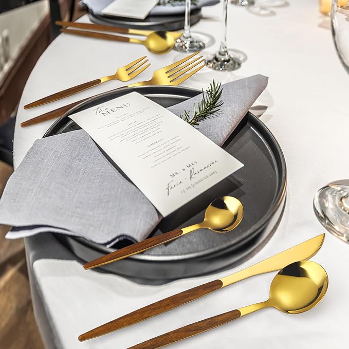 20-Piece Gold Silverware Set with Cake Fork, Stainless Steel Flatware Cutlery Set for 4, Tableware Eating Utensils Set with Wooden effect Handle, Knife Fork Spoon, Mirror Finish, Dishwasher Safe