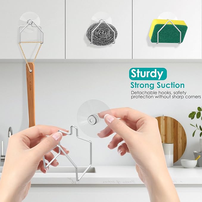 GeeRic 2 PCS Sponge Holders for Kitchen Sink, Stainless Steel Sponge Rack with Suction Cup, Rustproof Brushed SUS304 Sponge Caddy Organizer, Space-Saving Counter Organizer