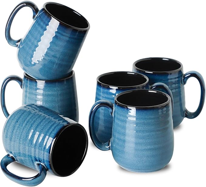 HASENSE Ceramic Coffee Mugs Set of 6, 15oz Large Coffee Mugs with Handle, Coffee Cups for Coffee, Tea, Latte & Cappuccino, Coffee Mugs for Men and Women, Microwave & Dishwasher Safe, Blue
