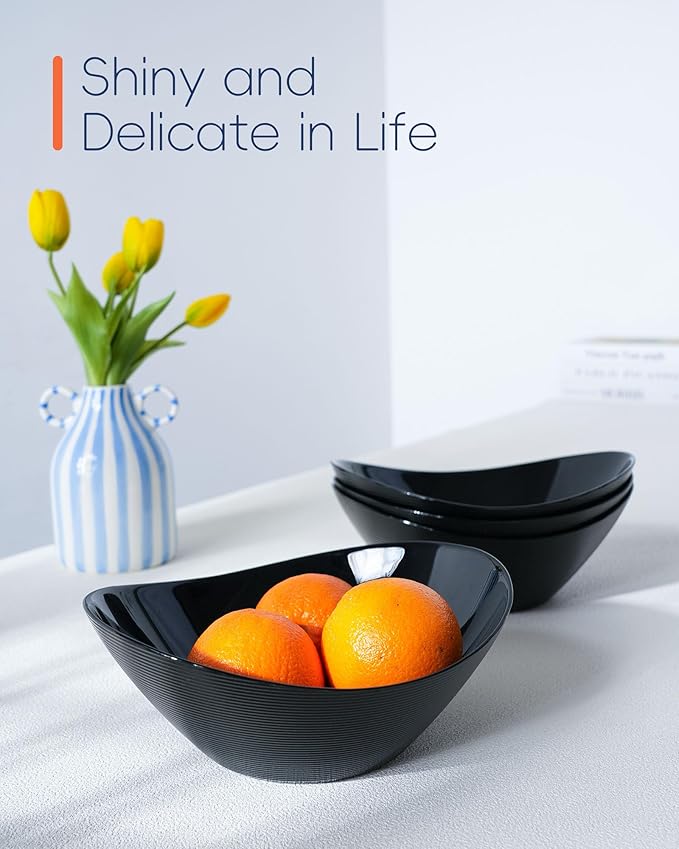 LaGlint 43 OZ Serving Bowl Set of 4, Opal Glass 9 inch Oval Serving Dishes for Salad, Side Dishes, Fruit Kitchen, Microwave & Dishwasher Safe, Black