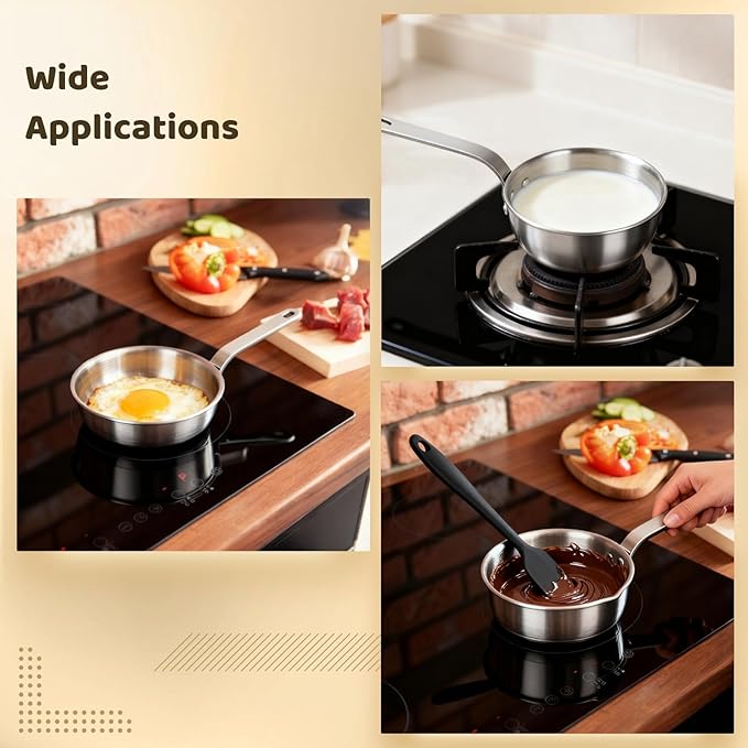 2 Pcs Mini Sauce Pan and Silicone Spatula Set, 5 in Stainless Steel Butter Warmer, Nonstick Frying Pan, No Coating Egg Pan with Spatula, 304 Steel Small Cooking Pot for Single Portion, All Stoves
