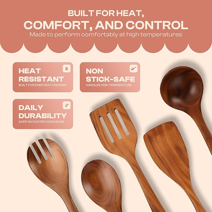 5-Piece Wooden Spoons for Cooking – Smooth Finish Teak Wood Utensils – Comfortable Grip Cooking Wood Tools Non-Stick Safe Easy to Clean Heat Resistant Scratch-Free Set