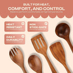 5-Piece Wooden Spoons for Cooking – Smooth Finish Teak Wood Utensils – Comfortable Grip Cooking Wood Tools Non-Stick Safe Easy to Clean Heat Resistant Scratch-Free Set