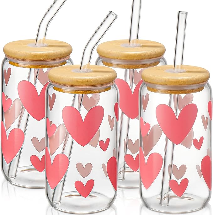 DWTS DANWEITESI Glass Cups with Lids and Straws with Design Pink Hearts 4 pcs,Clear Glass Cups 16 oz-Glass Tumbler,Cute Glass Iced Coffee Cups with Lids and Straws