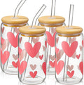 DWTS DANWEITESI Glass Cups with Lids and Straws with Design Pink Hearts 4 pcs,Clear Glass Cups 16 oz-Glass Tumbler,Cute Glass Iced Coffee Cups with Lids and Straws