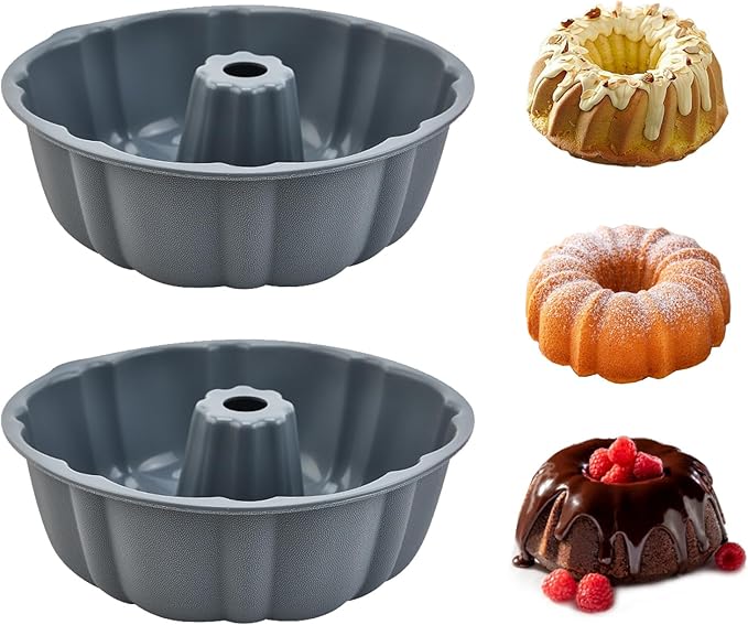 2 Pack Silicone Cake Pan Nonstick,10 Inch, Silicone Cake Molds,Pound Cake Pan, Baking for Jello,Gelatin,Cake,Brownie and Bread (Grey+Grey)