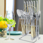 Gold Silverware Set, Caliamary 24 Pieces Flatware Set with Silverware Holder, Stainless Steel Knives and Forks and Spoons Cutlery Set Service for 6, Kitchen Utensil Tableware Set with Antiskid Handle