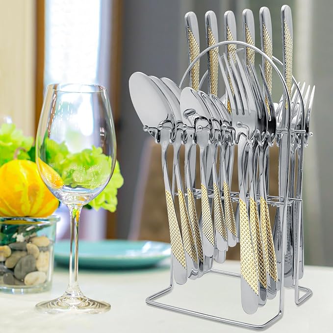 Gold Silverware Set, Caliamary 24 Pieces Flatware Set with Silverware Holder, Stainless Steel Knives and Forks and Spoons Cutlery Set Service for 6, Kitchen Utensil Tableware Set with Antiskid Handle