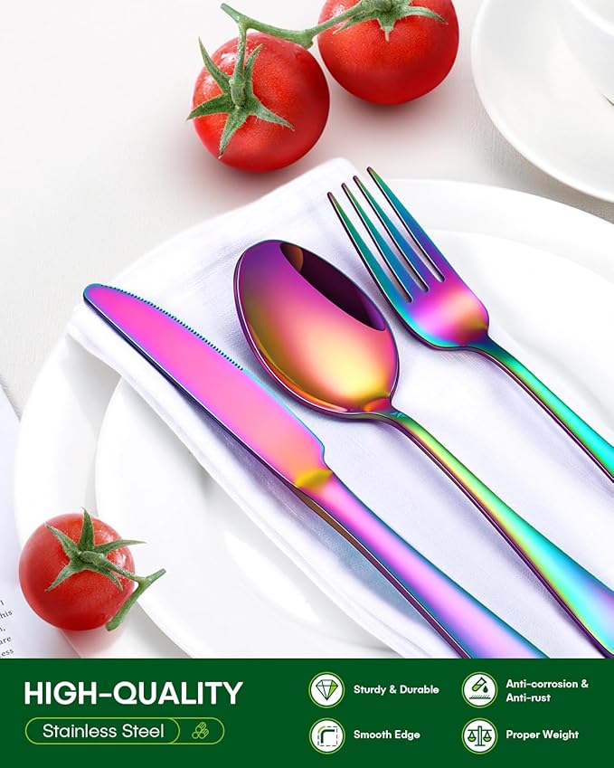 40 Piece Rainbow Silverware Set, Stainless Steel Flatware Set for 8 Colorful Cutlery Utensil Set Include Knife Fork Spoon Food Grade Mirror Polished Dishwasher Safe
