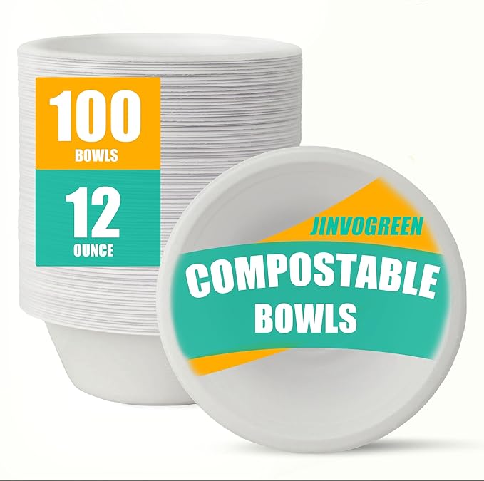 JINVOGREEN 100 Count 12 oz Paper Bowls, Disposable Compostable Bowls, Heavy Duty Biodegradable Bagasse Bowl for Snacks, Soup, and Salads, White