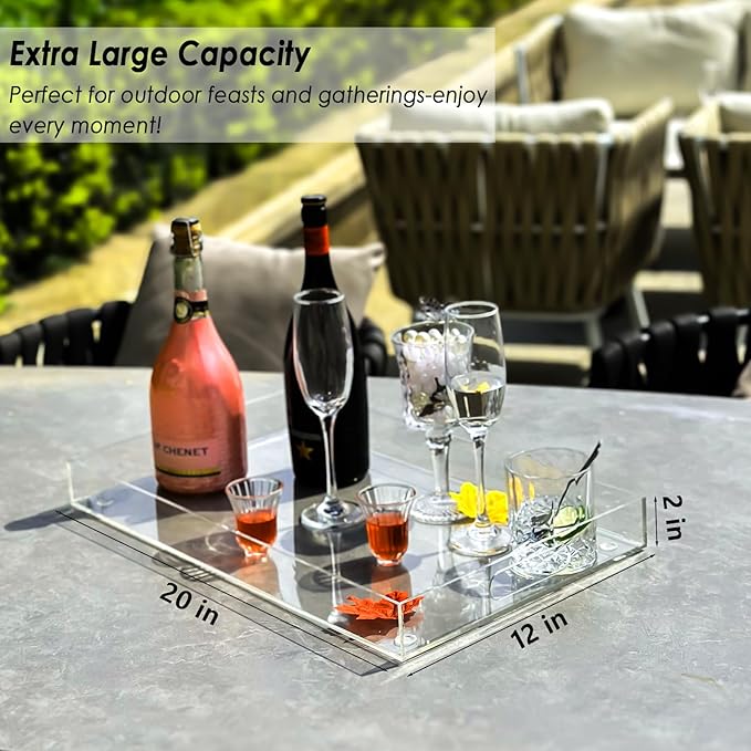 Acrylic Serving Tray with Handles, Extra Large Rectangular Tray for Serving Food, Drinks, Snacks and Appetizer, Outdoor Lucite & Coffee Table Trays, Acrylic Makeup Organizer 12" × 20"
