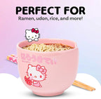 Silver Buffalo Sanrio Hello Kitty Strawberry Milk Japanese Character Ceramic Ramen Noodle Rice Bowl with Chopsticks, Microwave Safe, Pink, 20 Ounces