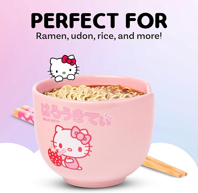 Silver Buffalo Sanrio Hello Kitty Strawberry Milk Japanese Character Ceramic Ramen Noodle Rice Bowl with Chopsticks, Microwave Safe, Pink, 20 Ounces