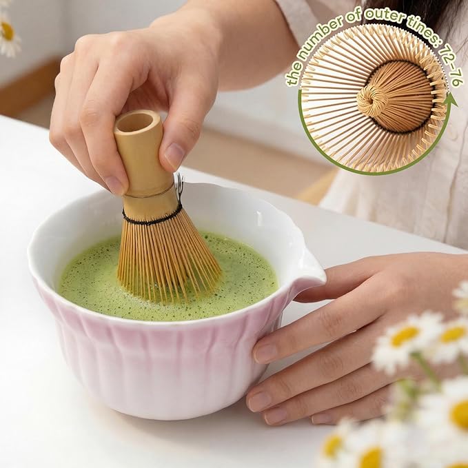 Matcha Whisk Set, Matcha Kit 5 Pcs, Daisy Matcha Bowl and Whisk Set with Sifter, Holder & Scoop，Japanese Ceremony Matcha Tea Making Tools, Complete Starter Set for Beginners, Purple